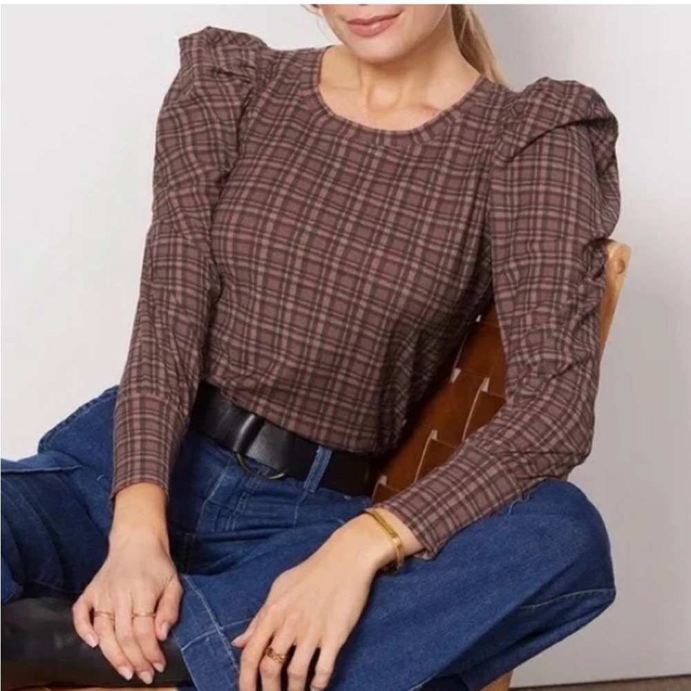 Nation LTD Plaid Preppy Puff Sleeve Pima Cotton Blouse Sz Medium Old Money